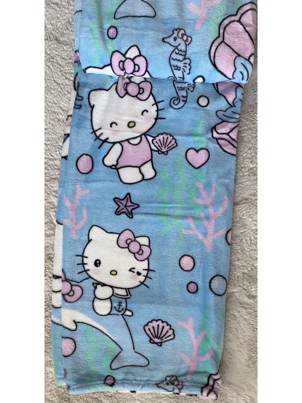 Hello Kitty Mermaid Dolphin Jellyfish Soft Throw Blanket Blue Pink 50” X 70” NEW
